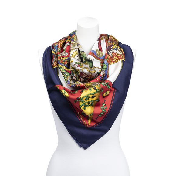 Hermes Accessories - Hermes Scarf   in Navy Blue/Red/Gold/Green/White 100% Twill Silk